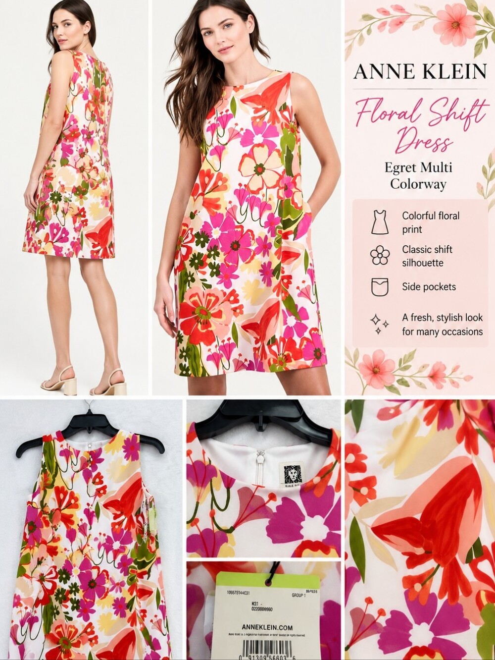 NWT Anne Klein Cream Floral Shift Dress with Pink & Red Accents